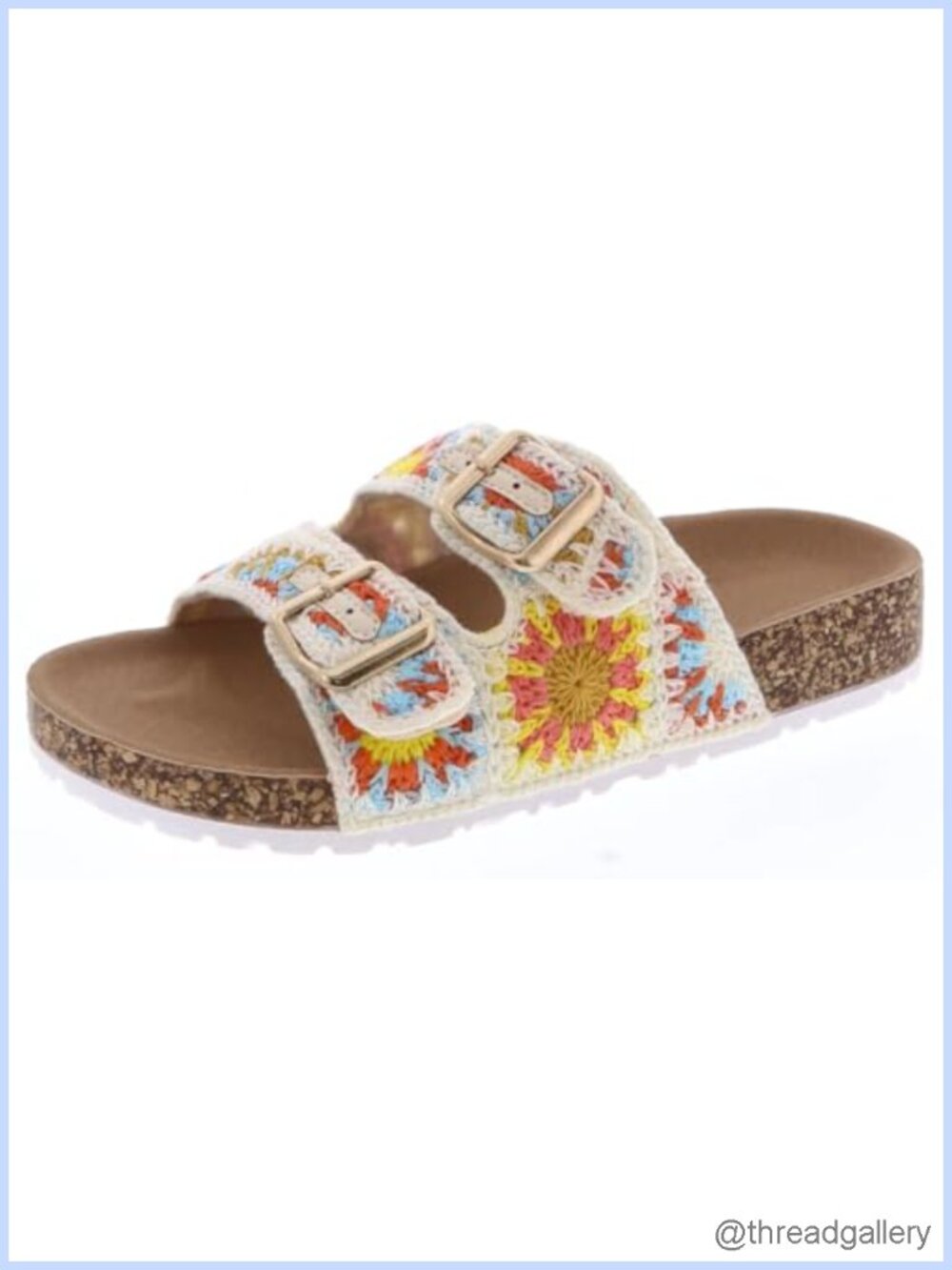 Crochet Double Strap Flat Sandals Cork Footbed Adjustable